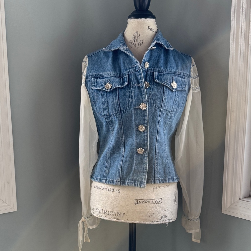 Stefano vintage 90’s denim jacket w/sheer sleeves & silver flower buttons Medium